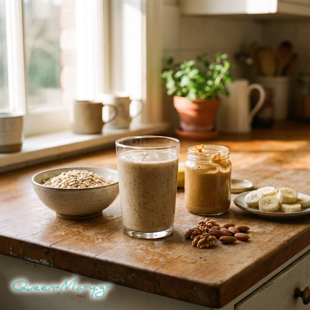 Θρεπτικό smoothie για αύξηση βάρους Πηχτό smoothie με μπανάνα και βρώμη, φυστικοβούτυρο και ξηροί καρποί σε πάγκο κουζίνας