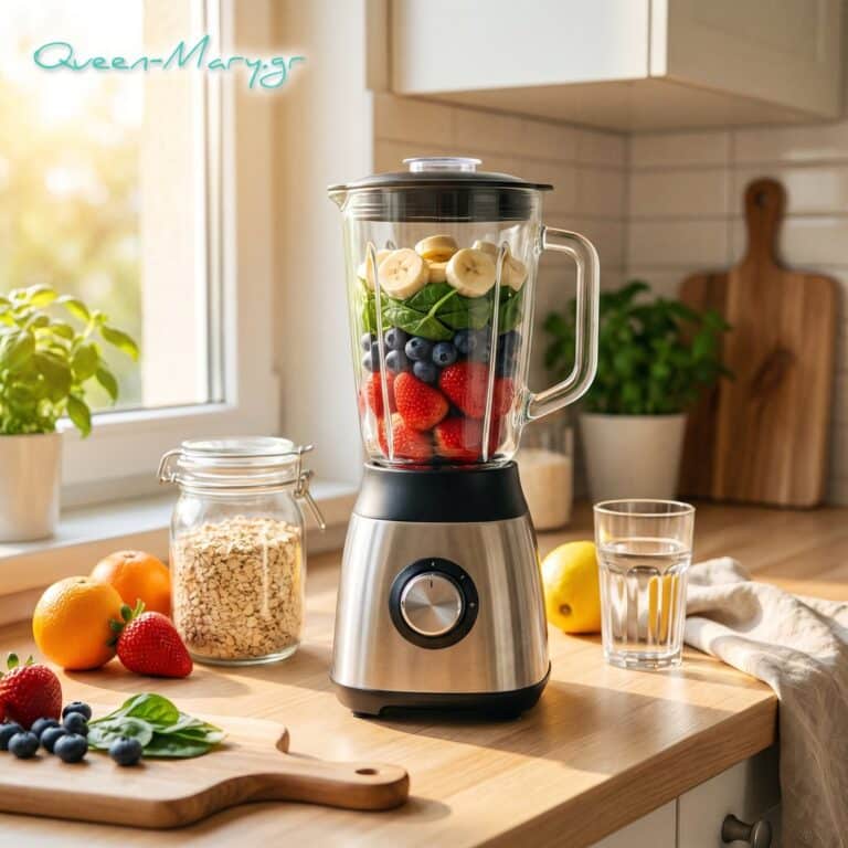 Healthy τρόπος ζωής φρέσκο smoothie Μπλέντερ με φράουλες, μύρτιλα, σπανάκι και μπανάνα σε φωτεινή κουζίνα με φρέσκα φρούτα