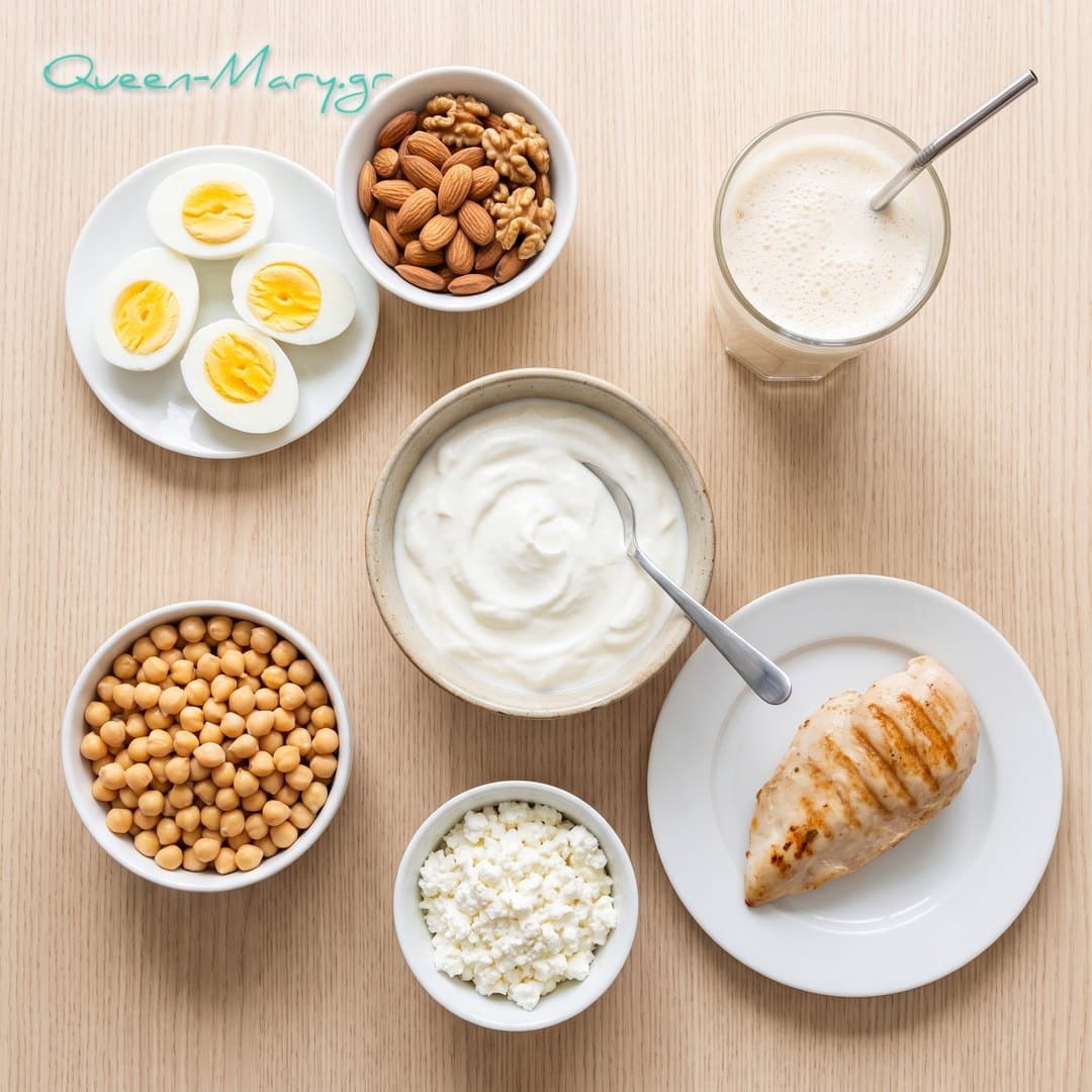 Πηγές πρωτεΐνης και protein shake Πηγές πρωτεΐνης σε ξύλινο τραπέζι: αυγά, ξηροί καρποί, γιαούρτι, ρεβίθια, κοτόπουλο και ένα ποτήρι protein shake